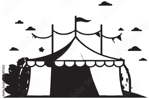 Vintage carnival booth with silhouetted figures and festive bunting