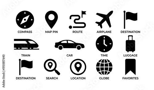 Travel icons set: compass, map pin, route, airplane, destination, train, car, time, luggage