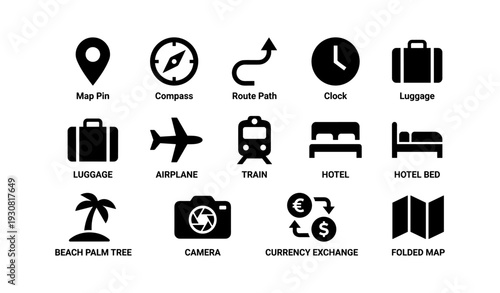 Travel icons set featuring map pin, compass, transportation, accommodation, and currency exchange symbols