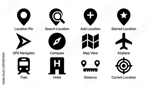 Navigation icons set: location pins, gps, compass, map, airplane, train, hotel, distance tracker