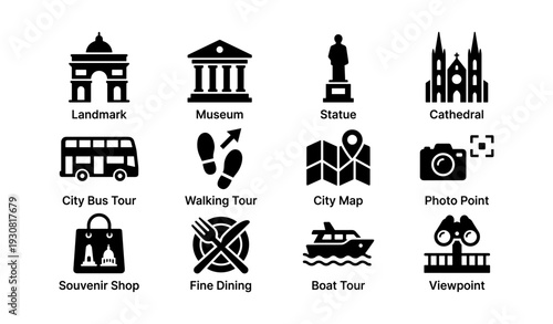 Icon set: landmark, museum, statue, cathedral, tours, maps, dining, viewpoints