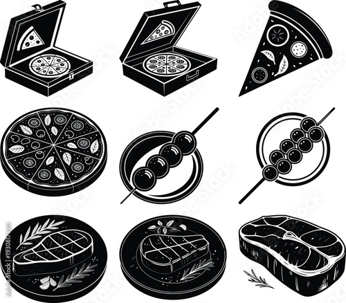 Black and white of various pizza and food slice
