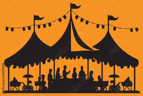 Vintage carnival booth with silhouetted figures and festive bunting