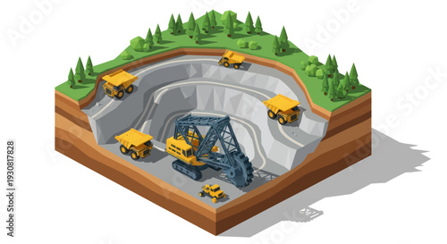 Isometric view of an open-pit mine with heavy machinery and dump trucks.