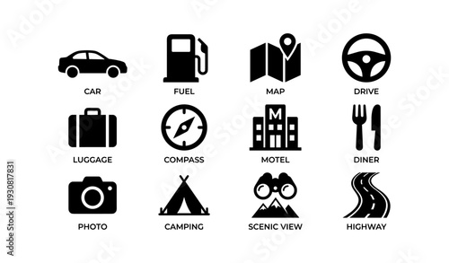 Icon set for travel: car, fuel, map, drive, luggage, compass, motel, diner, camera, camping, scenic, highway