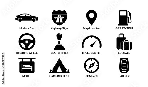 Travel icons: transportation, navigation, accommodation, and camping symbols