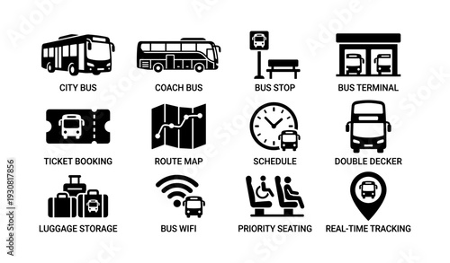 Public transportation icons: city bus, bus stop, route map, schedule, real-time tracking