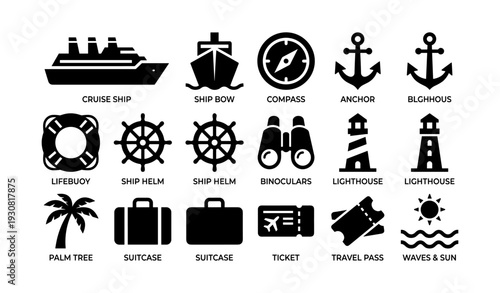 Nautical symbols collection: ships, compass, anchors, lighthouses, travel icons