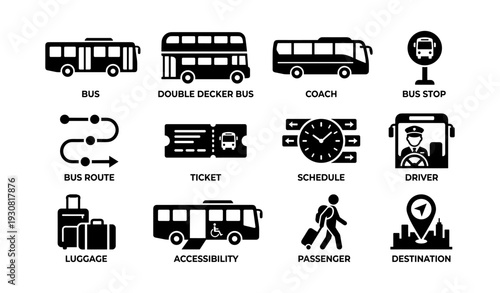 Public transportation icons: bus, double decker, coach, schedule, accessibility
