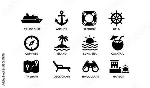 Vacation symbols: cruise ship, anchor, lifebuoy, helm, compass, island, sun, sea, cocktail