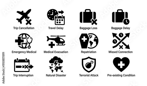 Travel insurance icons: cancellations, delays, medical, evacuation, disasters
