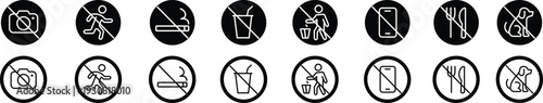 Restriction icons set no photography, no running, no smoking, no drink, no littering, no phone, no food, no pets vector signs for public places, safety symbol collection group