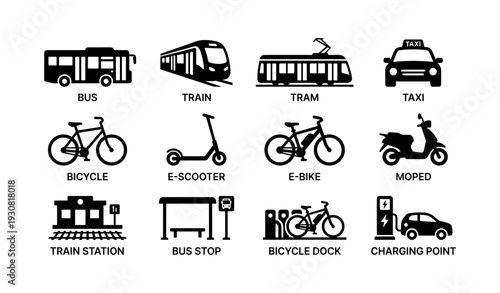 Transport icons: bus, train, tram, taxi, bicycle, scooter, moped, charging