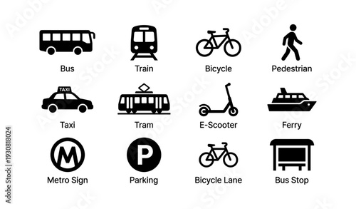 Transportation icons: bus, train, bicycle, pedestrian, taxi, tram, e-scooter, ferry, metro, parking