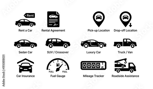 Car rental icons set: sedan, suv, truck, luxury, location, assistance