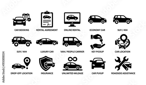 Car rental icons: booking, agreement, luxury, economy, suv, location, services
