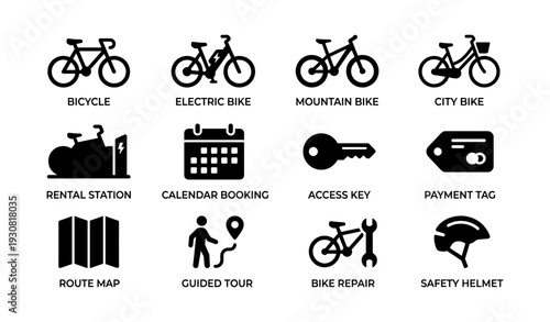 Bicycle icons: electric, mountain, city, key, safety helmet, bike repair