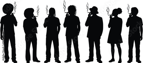 Set of people smoking cigarettes silhouettes, diverse group of men and women with smoke clouds isolated on white background, vector