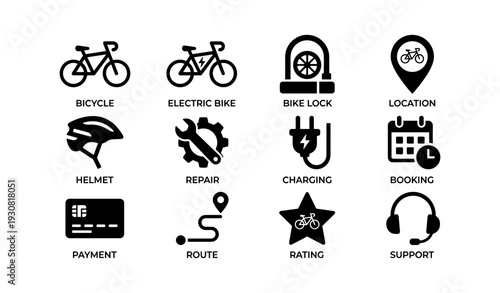 Bicycle service icons: electric, helmet, lock, repair, payment, support