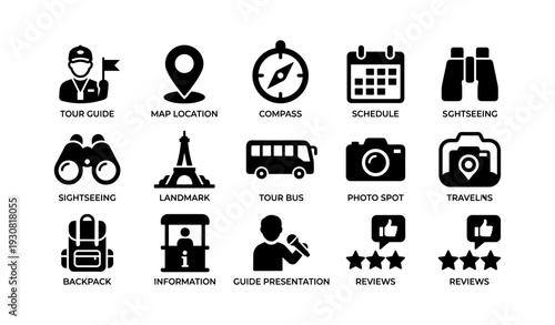 Travel icons collection: tour guide, map, compass, schedule, sightseeing, backpack