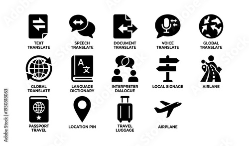 Icon set for translation and travel featuring language and navigation symbols