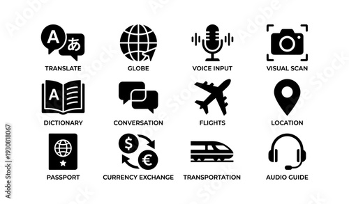 Travel icons including translate globe voice input visual scan flight location and more