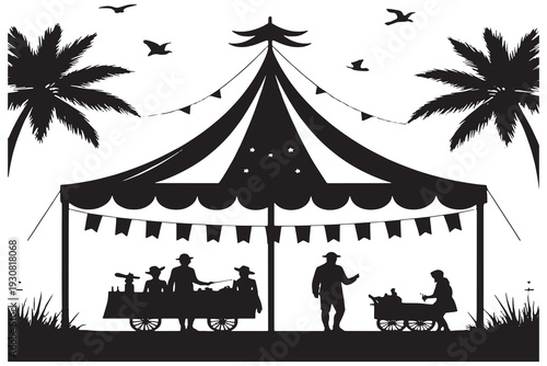 Vintage carnival booth with silhouetted figures and festive bunting