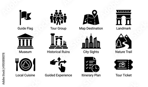 Travel icons: guide flag, group, map, landmark, museum, ruins, city, nature, cuisine, experience, itinerary, ticket