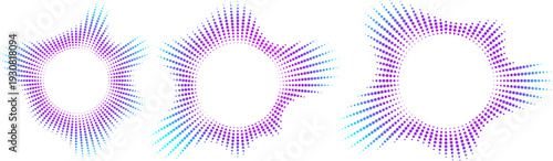 Bundle of spiky cyan and purple gradient circular sound equalizers with neon dots abstract audio icons