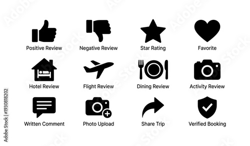 Icons for reviews and ratings: thumbs up, star, heart, camera, airplane