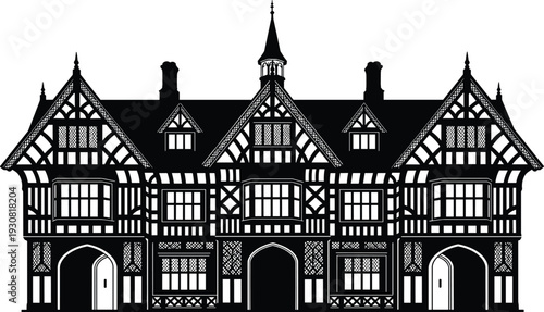 Victorian Tudor style house silhouette vector illustration, historic half timbered mansion facade, black and white classic European architecture design