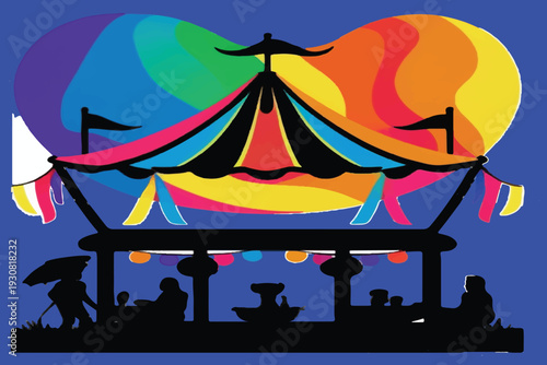 Vintage carnival booth with silhouetted figures and festive bunting