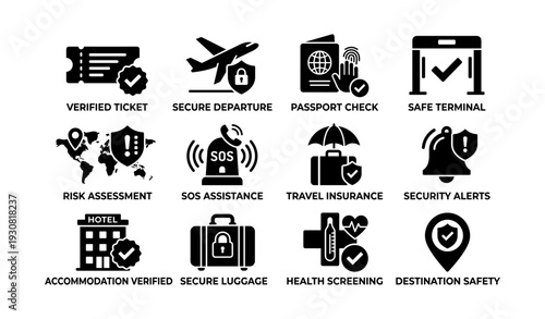 Travel safety icons: secure departure, passport check, accommodation verified, health screening
