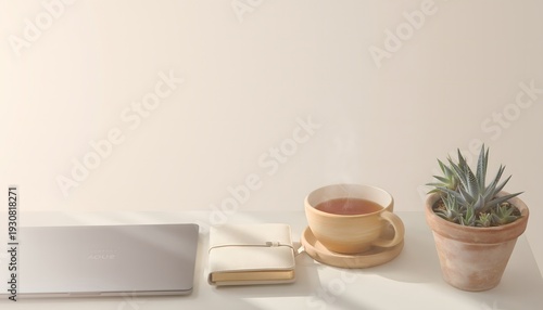 Wallpaper Mural Cozy home office setup with laptop, book, tea, and plant. Torontodigital.ca