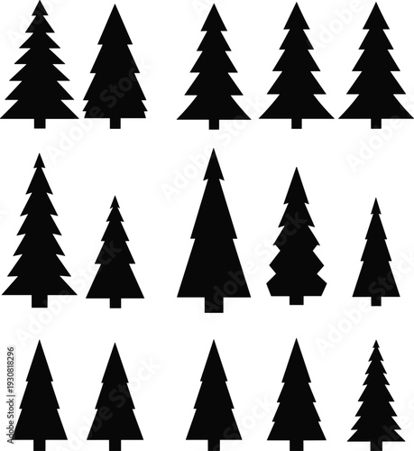 Set of pine tree silhouettes, coniferous forest spruce and fir tree icons, evergreen nature symbols isolated on white background, vector