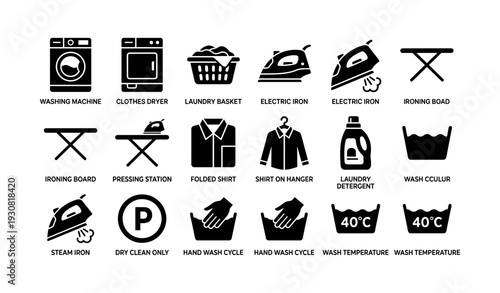 Laundry icons set: washing machine, clothes dryer, ironing board, detergent, care symbols