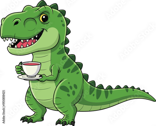 Cute cartoon green Tyrannosaurus Rex dinosaur holding a white teacup and saucer, funny prehistoric character illustration for children and tea lovers.