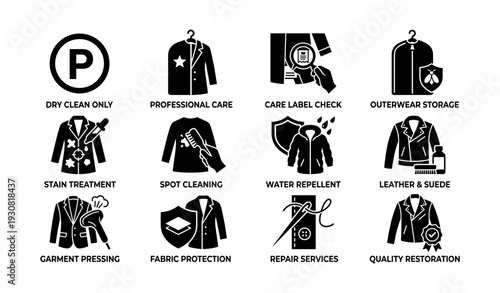 Laundry care icons: dry clean, professional, label check, storage, stain treatment, spot cleaning