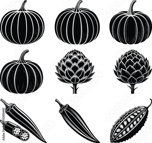 Black and white stylized of pumpkins artichokes and okra squash gourd vegetable fruit
