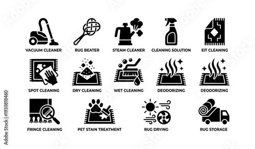 Home carpet care icons: vacuum cleaner, rug beater, steam cleaner, cleaning solution