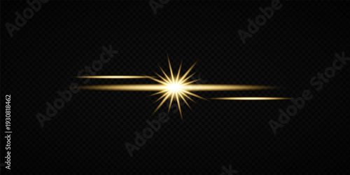 Glowing Golden Star Light Effect with Sparkle Rays and Lens Flare Illumination on Transparent Background