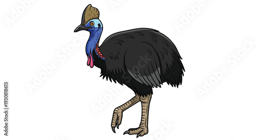 Stylized illustration of a cassowary bird with its distinctive casque and vibrant blue neck