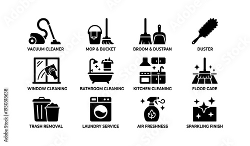 Comprehensive cleaning tools and services icon set for home maintenance