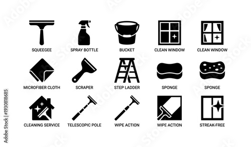 Window cleaning tools icons: squeegee, spray bottle, bucket, cloth, ladder, sponge