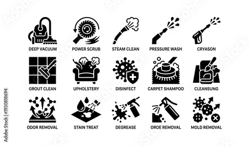 Cleaning icons showcase: vacuum, steam, pressure, upholstery, disinfect
