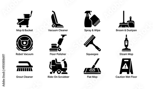 Cleaning equipment icons collection: mop, vacuum, spray, broom, squeegee, scrubber