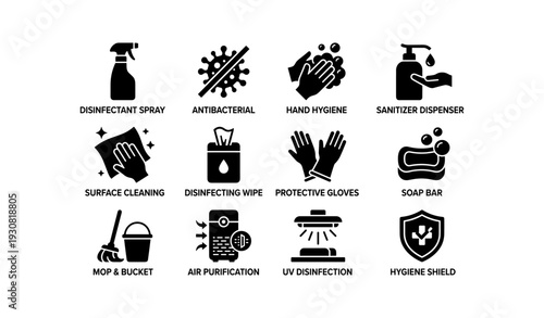 Icons of cleaning and hygiene: spray, antibacterial, soap, uv, gloves