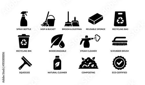 Cleaning icons set: tools and terms for sustainable cleanliness