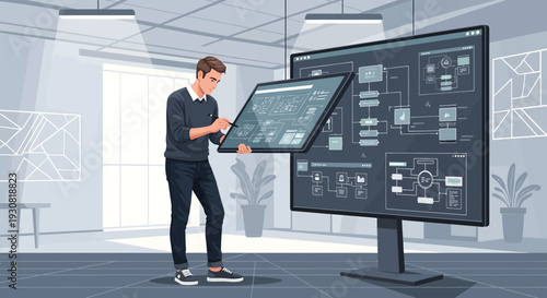 Young professional man working with a large futuristic interactive touch screen display.