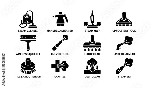 Home cleaning tools collection: steam cleaner, mop, steamer, window squeegee, upholstery